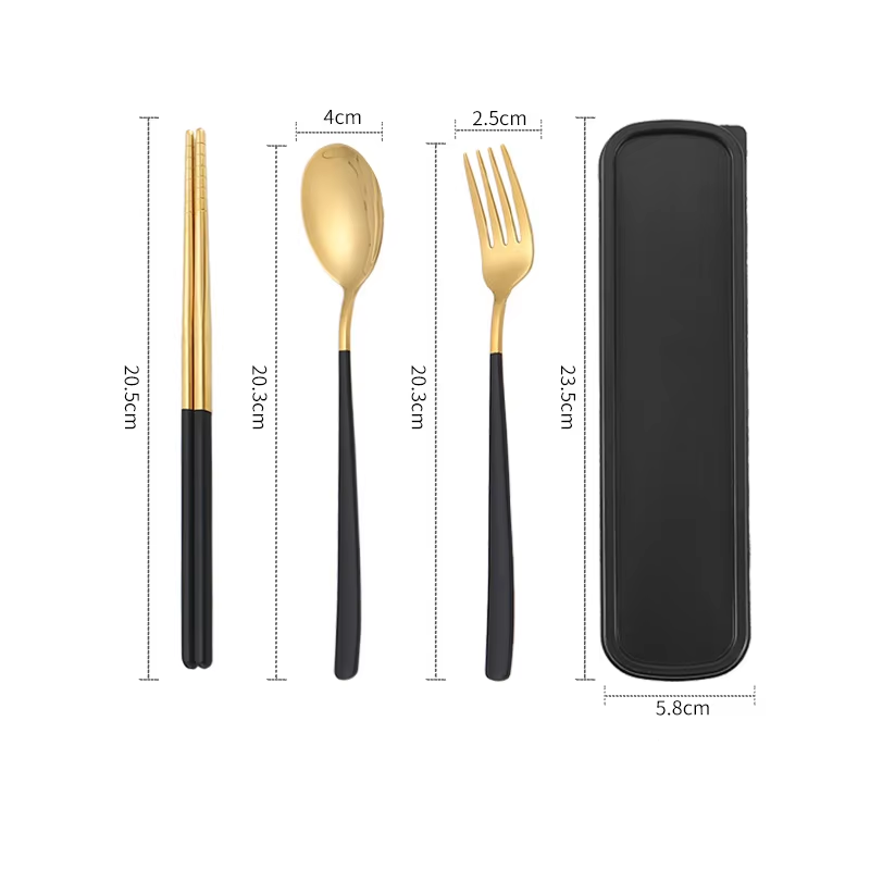 Ensemble trois pièces noir et or (cuillère + fourchette + baguettes + boîte)