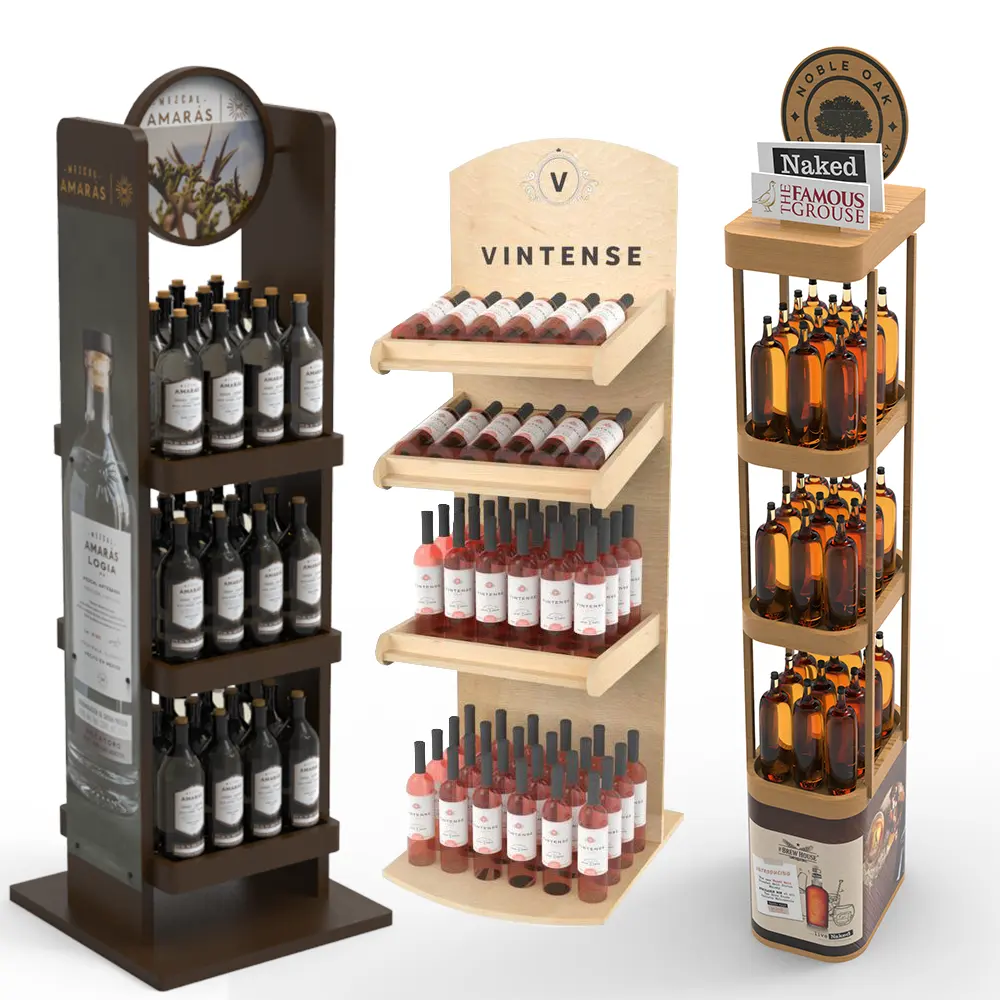 Présentoir à vin en bois moderne de vente chaude support et support de sol Logos personnalisables pour présentoirs de magasin