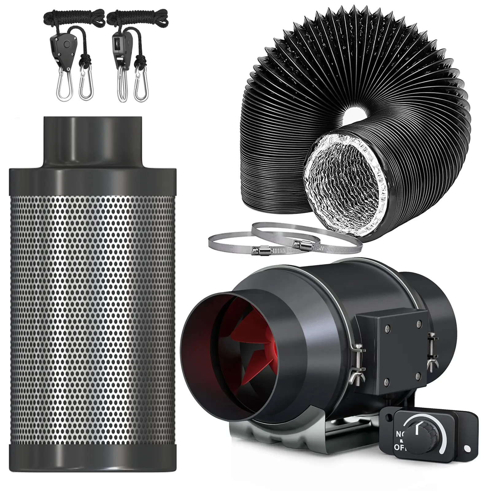 Ventilador silencioso de duto CFM 405 de 6 polegadas com regulação de velocidade de botão externo de 0-100% com filtro de carbono e duto de alumínio