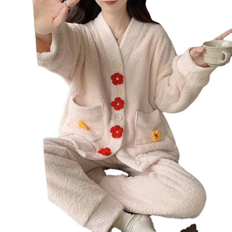 Outono inverno novo conjunto de 2 peças pijamas coral velo engrossado homewear 3D estampado pijamas doces para mulheres
