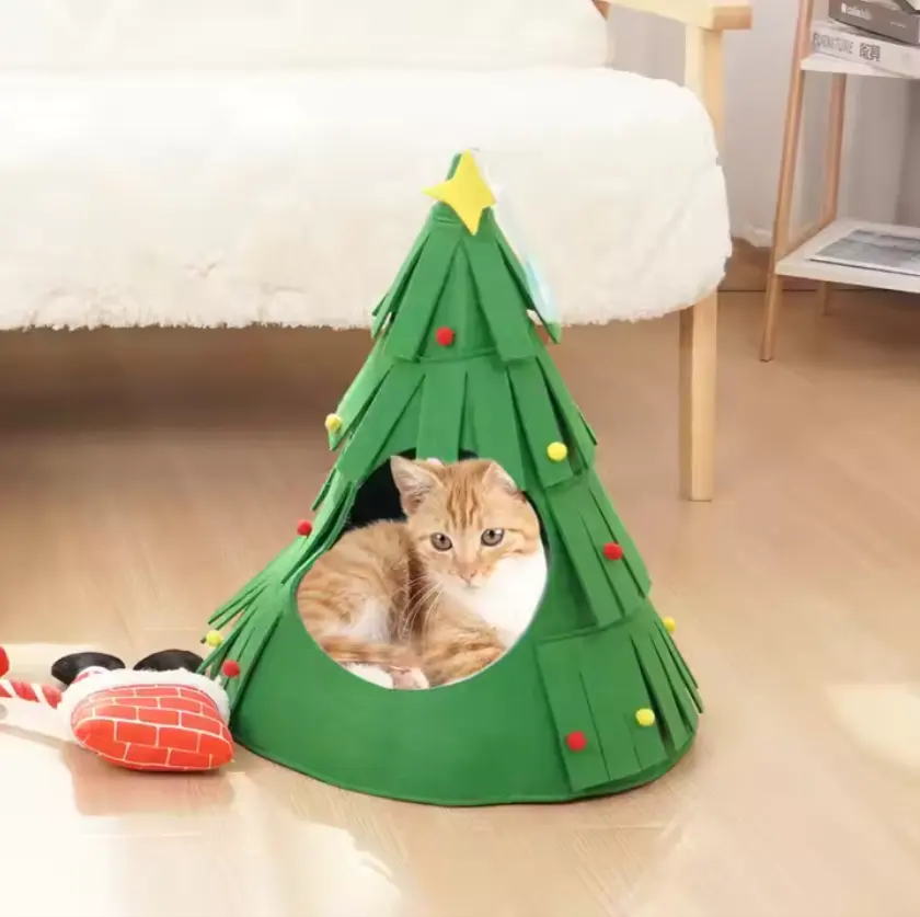 Noel şapka yeşil ağaç şekilli çıkarılabilir yıkanabilir keçe Pet kedi yatak ev kedi kubbe
