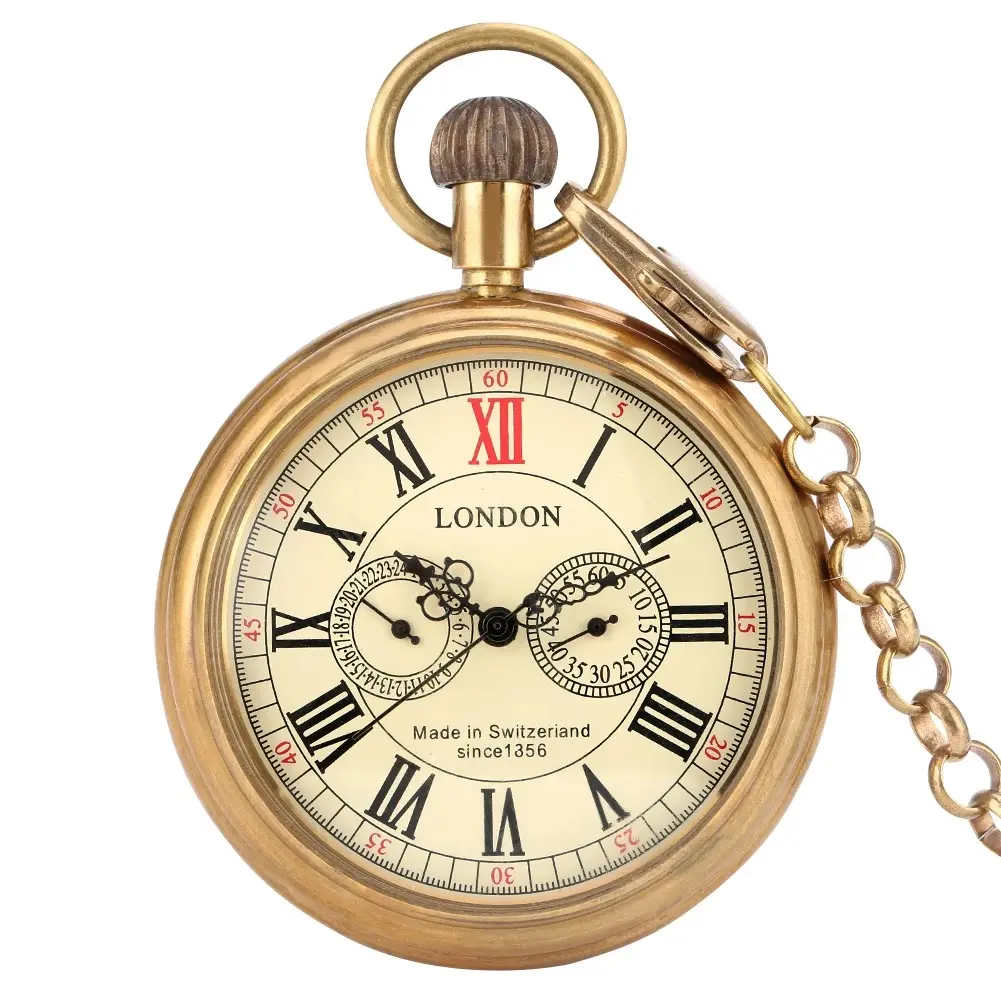 Vecchio Design London 1856 orologio da tasca cronografo meccanico a carica manuale 24 ore su 24 senza coperchio orologio da tasca in ottone