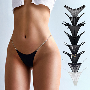 Pantalones de cadena en V de color liso para mujer, ropa interior sexy negra, Tanga de metal - Product Image 2