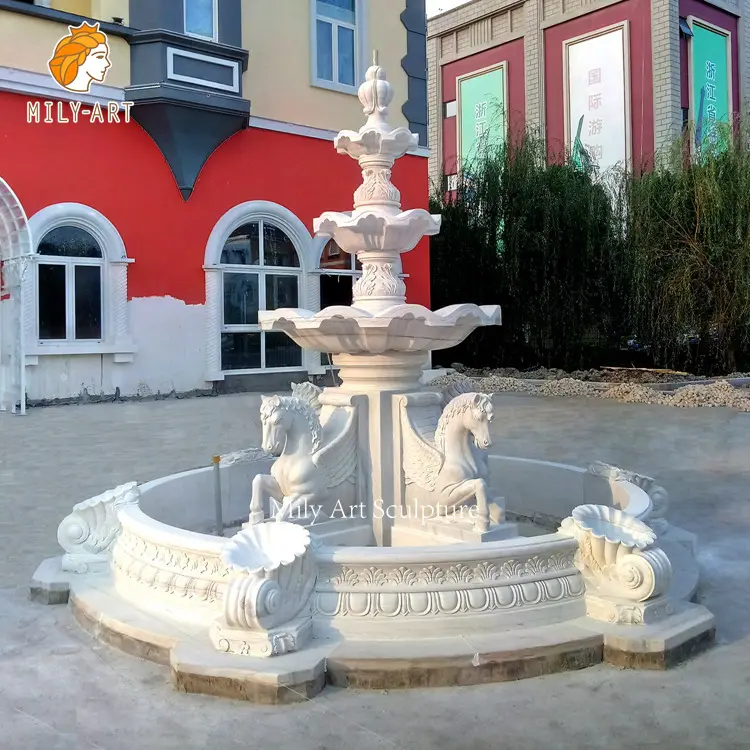 Clásico Venta caliente blanco Piedra Natural estatua de mármol caballo fuente de agua para Villa