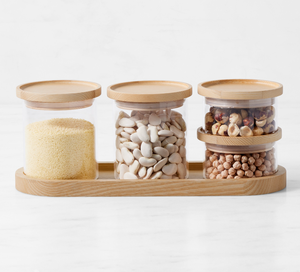 可堆叠厨房罐食品储存容器玻璃储物罐透明玻璃带托盘5件套 - Product Image 2