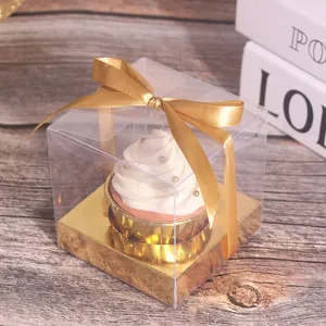 Plastic Individual Single Cupcake Boxes with Insert and Ribbon Transparent PVC <strong>PET</strong> Food Grade Bakery Packaging <strong>Box</strong> - Product Image 1