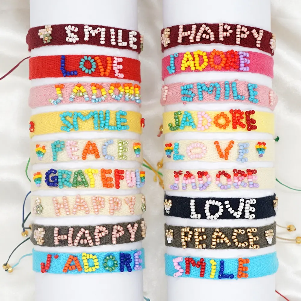 Künstlicher Schmuck Inspiration Brief Worte lieben glücklichen Frieden Lächeln farbige Miyuki Perlen Baumwolle Schnur Schnur verstellbares Armband