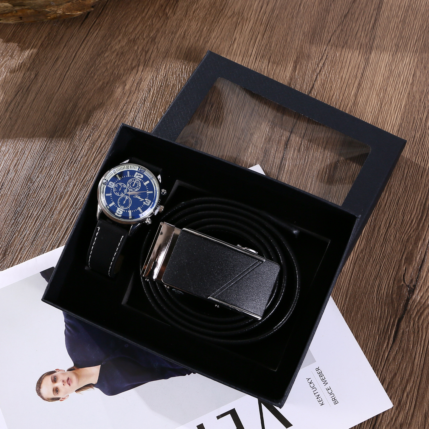 3-piece black set (leather strap, watch, and elegant gift box)