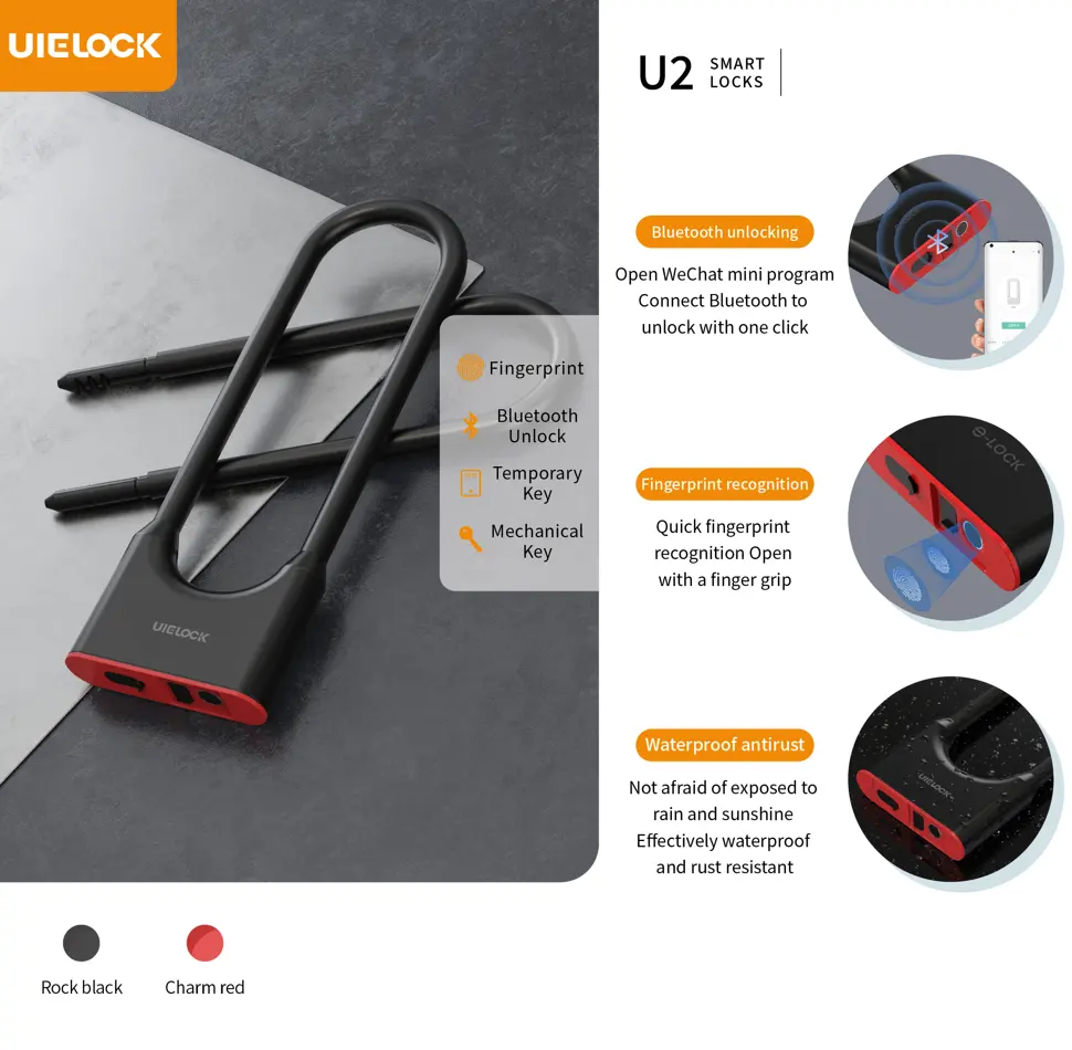 UIELOCK 방수 도난 방지 블루투스 앱 열쇠가없는 금속 지문 전자 자전거 스마트 잠금 U 오토바이 및 자전거 잠금