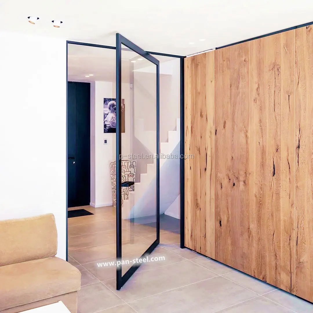 W37 Steel Front Entry Pivot Door with Soundproof External Windows Stainless Steel and Wooden Exterior Door