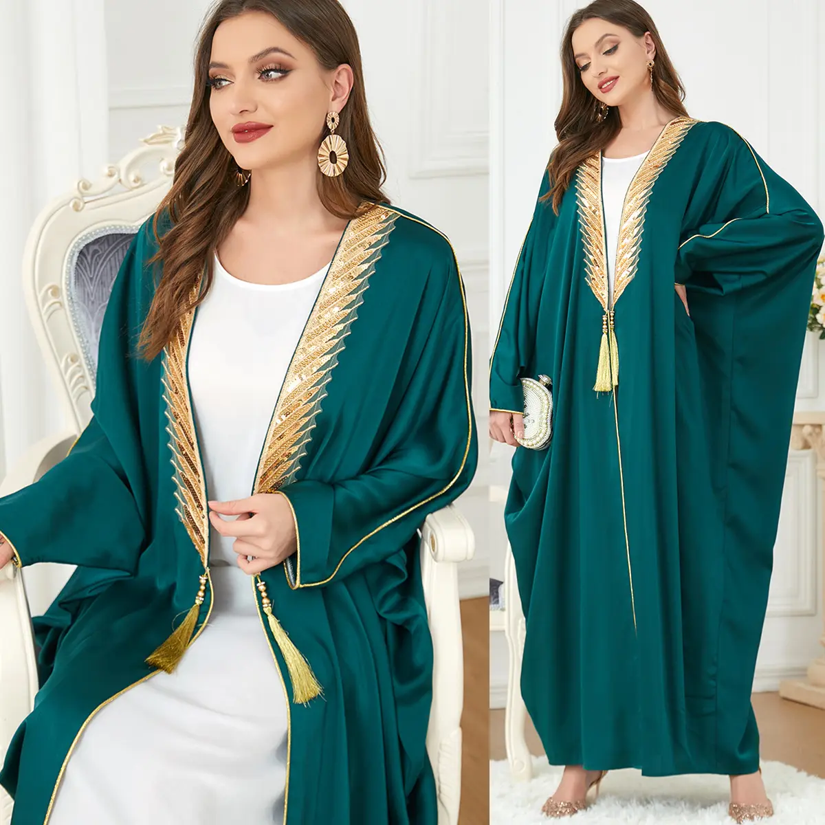 Moyen-Orient Robe musulmane Satin manches chauve-souris robes vert émeraude robe de soirée musulmane couleur unie Abaya dubaï robes musulmanes