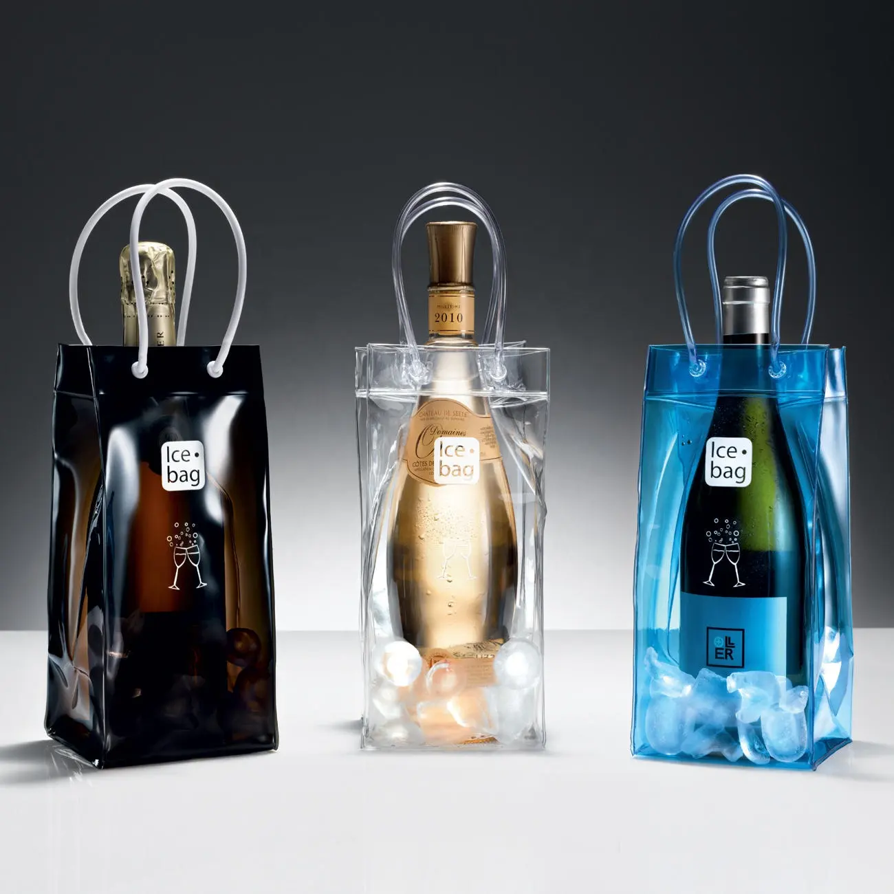 Borsa per il ghiaccio in PVC di vendita calda per borsa termica per bottiglie di vino borsa per il raffreddamento del vino in PVC trasparente personalizzata
