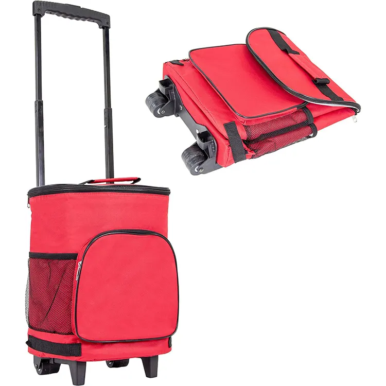 Trolley Foldable Picnic Camping Insulated Bag Rolling Lunch Beer Can Wine Cooler Bag Leakproof Food Delivery Bag With Wheel