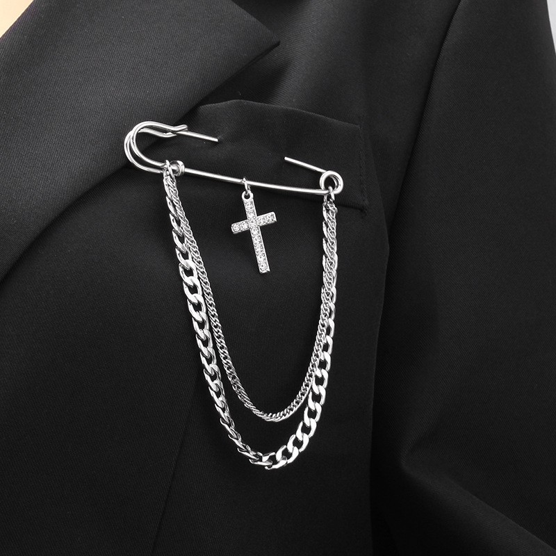 Diamond-encrusted cross double-layer brooch