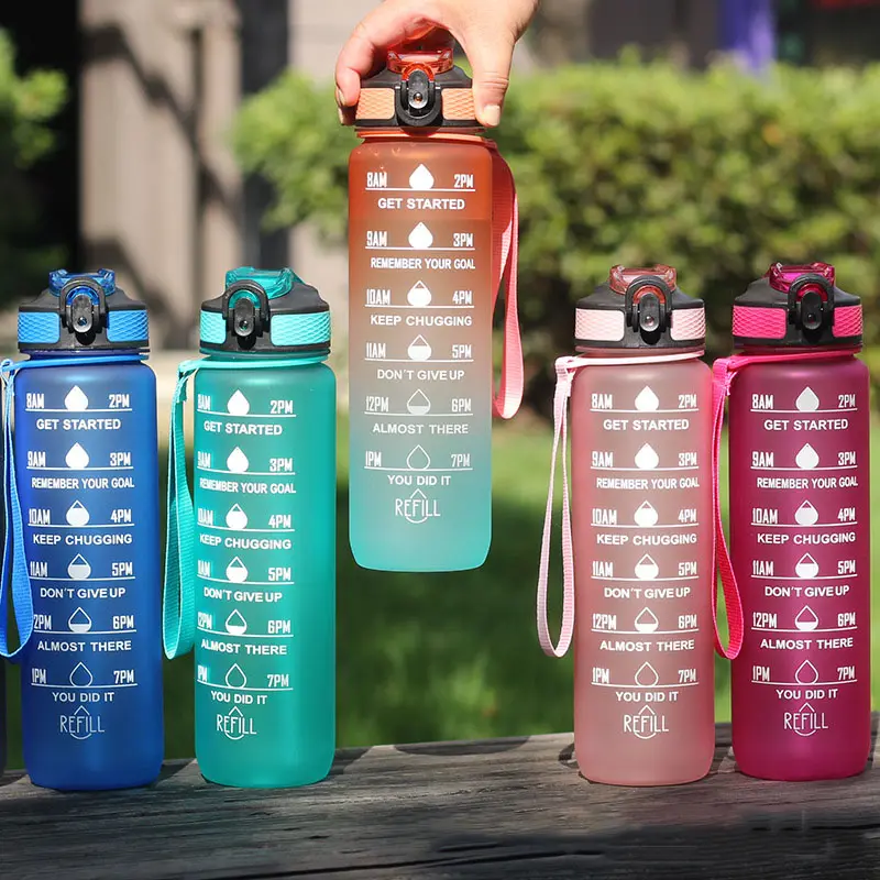 Impresión personalizada deporte gimnasio viaje botella de agua de plástico personalizado botella de gimnasio de plástico con pajita 1L 1000ml