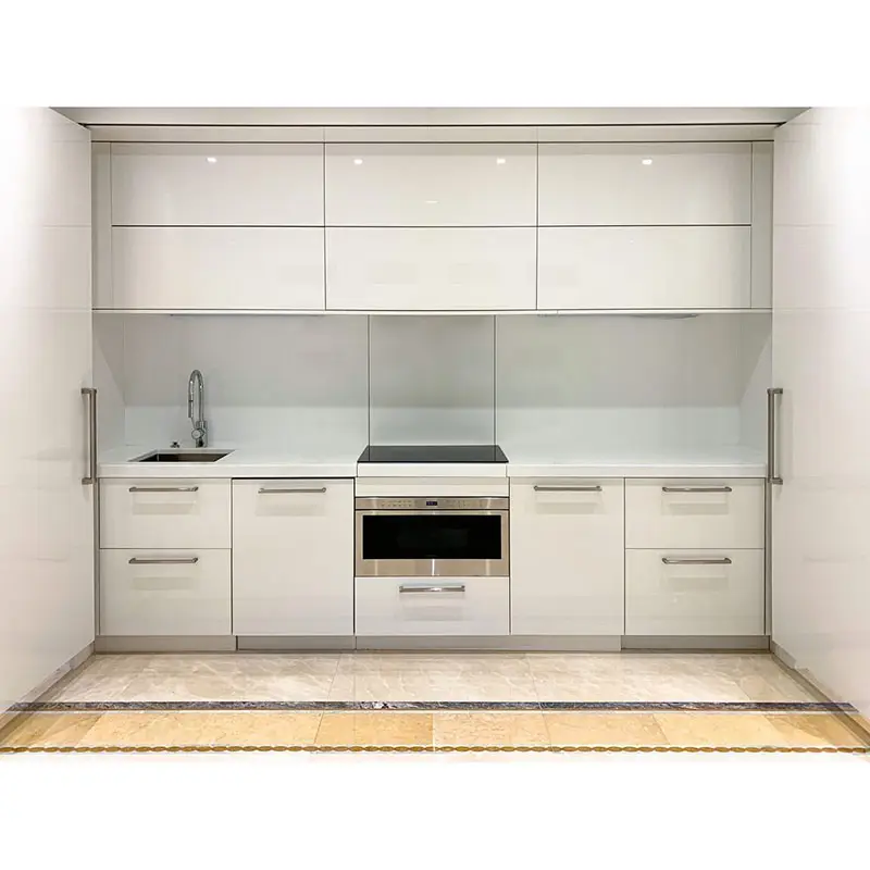 Conjunto completo de muebles pequeños modulares de alta calidad, mueble de cocina moderno con Isla de mármol, blanco brillante