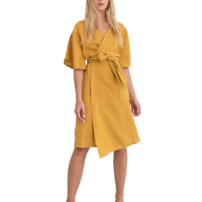 Vestido Midi de lino y algodón con manga corta para verano, traje informal de lino con escote triangular para mujer, 2022