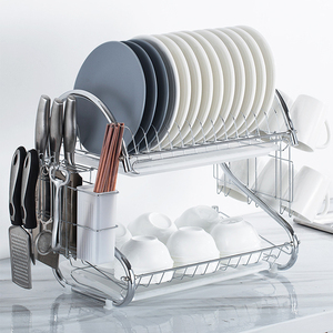 2-Tier <strong>S</strong> Shape <strong>Dish</strong> Drainer <strong>Rack</strong> with Utensil Holder Metal Plate Storage <strong>Rack</strong>