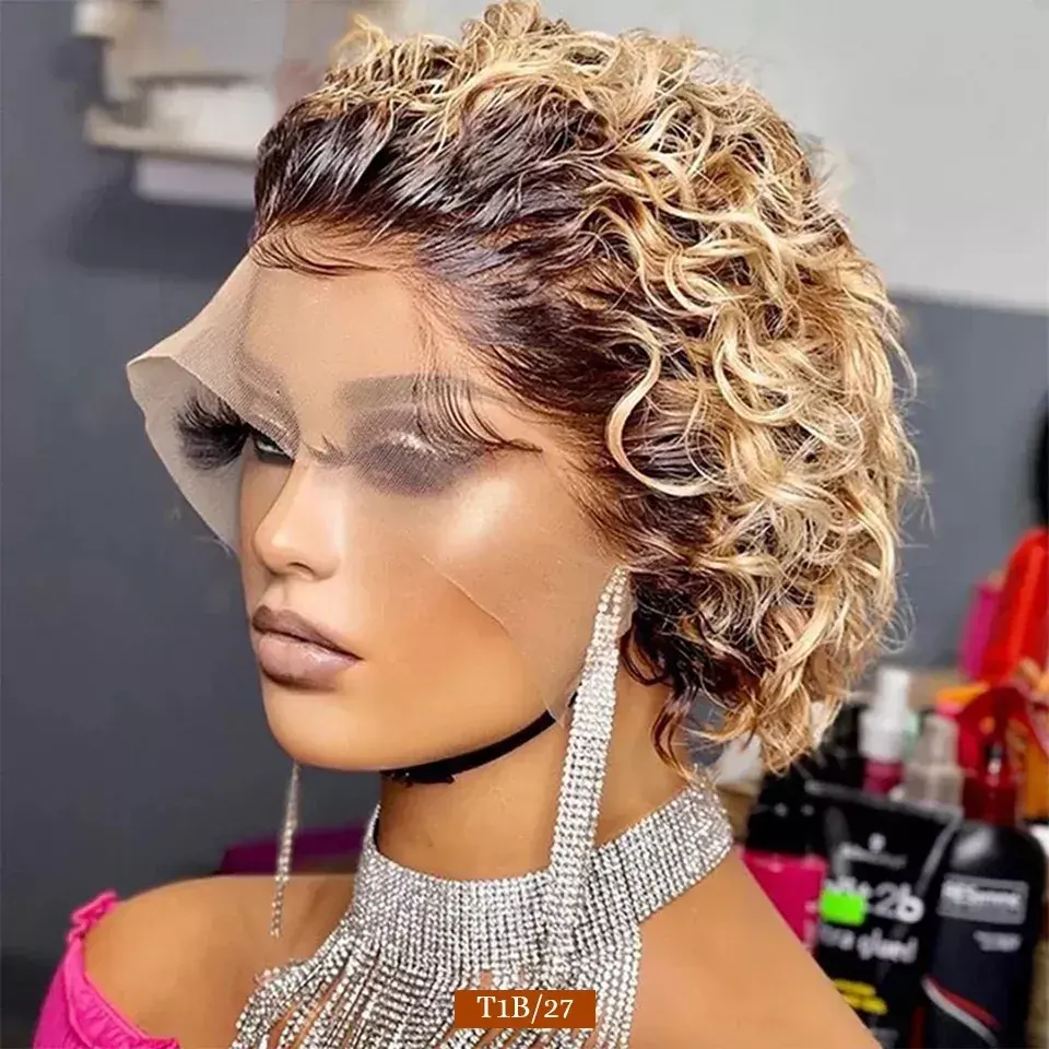 Peruca curta pixie, peruca de cabelo humano encaracolado brasileiro com renda frontal pixie para mulheres negras