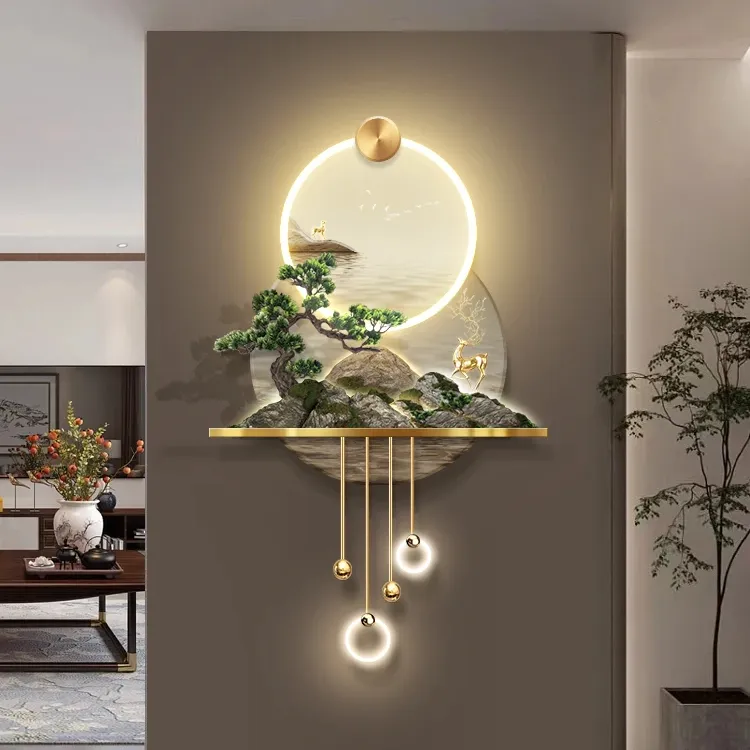 Directo Yiwu fábrica más nueva LED 3D decoración de la pared del hogar con árbol artificial, arte de Metal, pinturas de animales de paisaje de luz acrílica