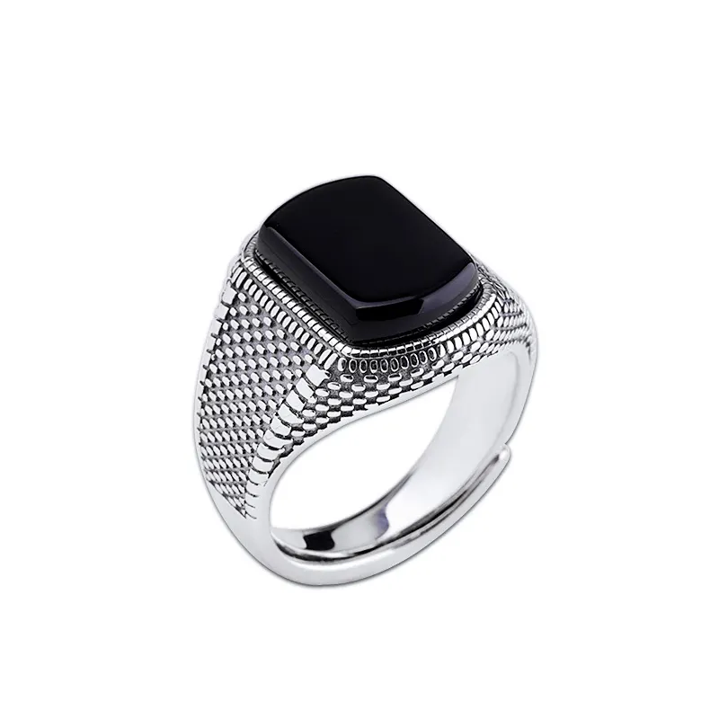 Hailer-joyas vintage cuadradas de plata, anillos grandes ajustables de piedras preciosas de Plata de Ley 925 con piedra de ónix negro