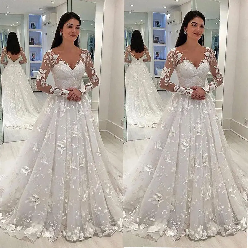 थोक शादी की पोशाक फीता गहरी वी लंबी आस्तीन पोशाक महिलाओं के बागे डे Mariage मॉडल 2023