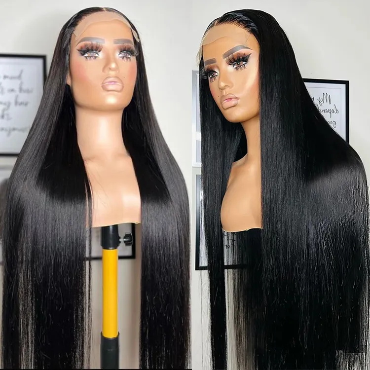 Pelucas de cabello humano liso de 50 y 60 pulgadas para mujeres negras, cabello natural virgen con encaje Frontal, venta al por mayor