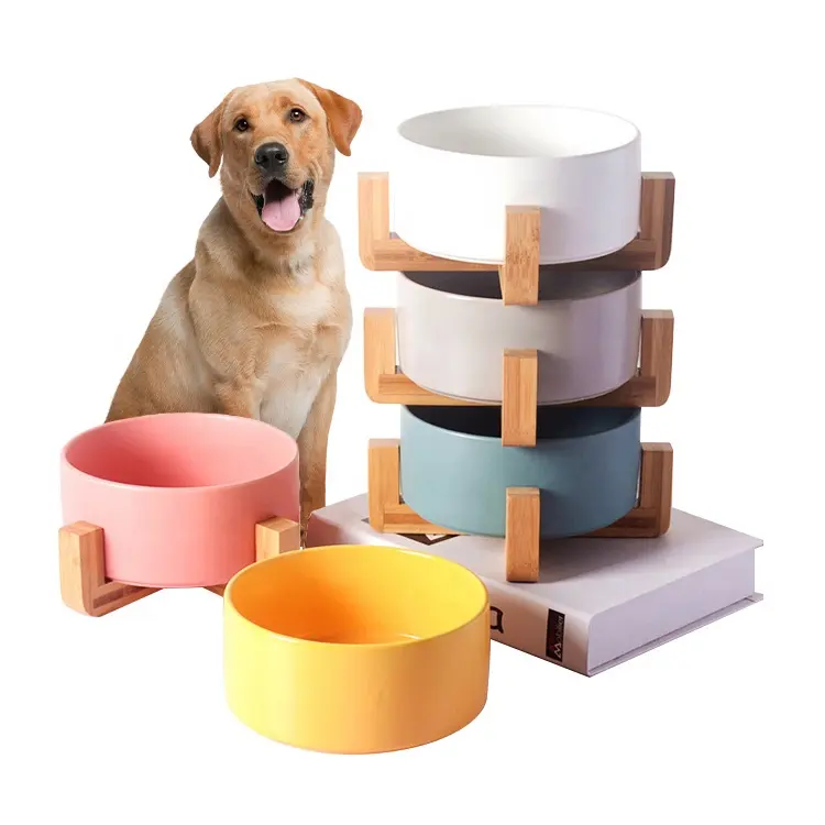 DRH Raised Pet Cat Dog Food Water Bowl Set Puppy Ceramic Dog Bowl with Wood Stand Non-Slip White Pet Bowls Dog and Cat