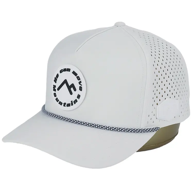 Gorra de béisbol de cuerda con logotipo de Pvc de goma de 5 paneles personalizada de alta calidad, resistente al agua, corte láser, agujero perforado, rendimiento, sombrero de golf