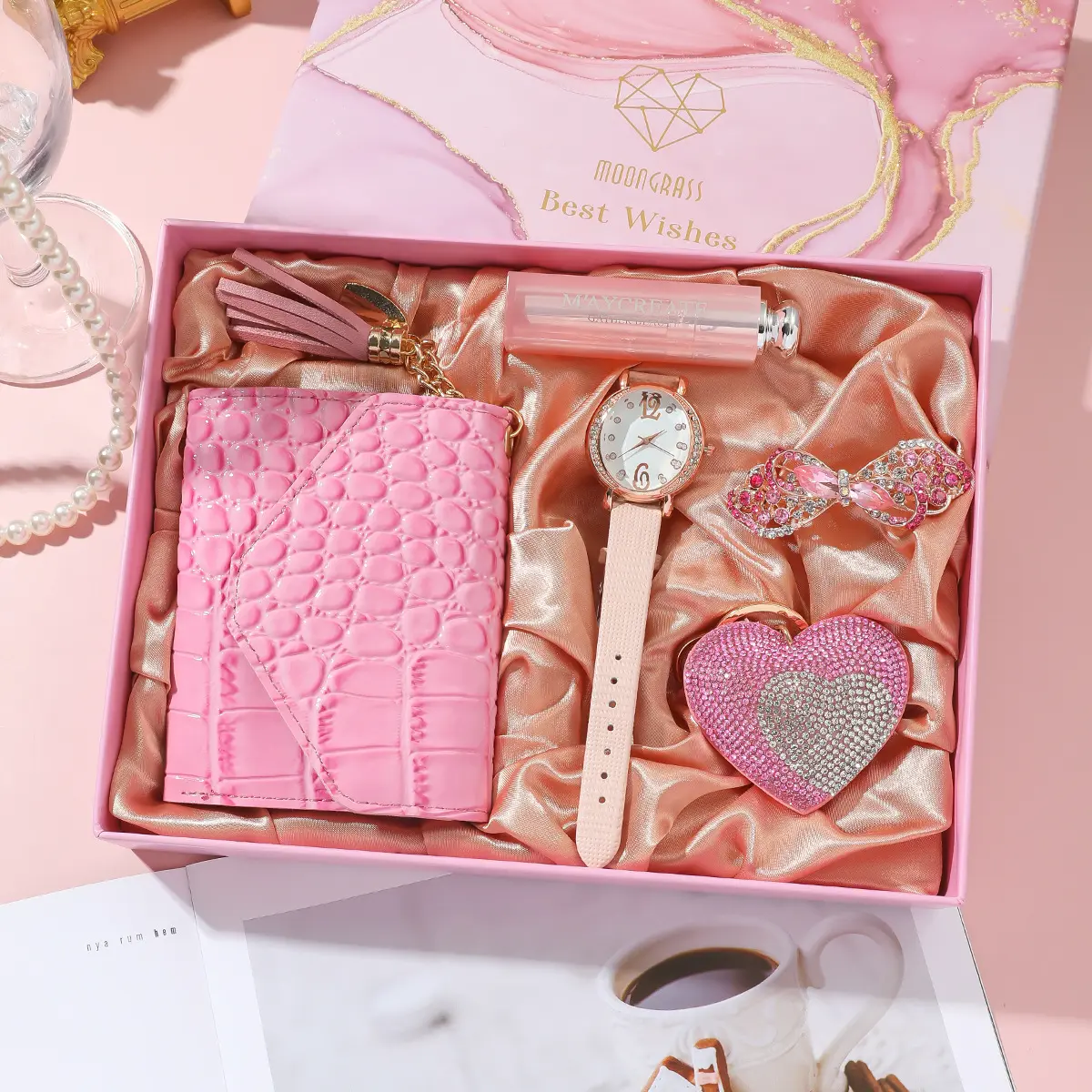 Dames Horloge Cadeauset Roze Meisje Hart Verjaardagscadeau Voor Haar Valentijnsdag Cadeau 2024 Vriend Glitter Haar Kaart Vrouw Set