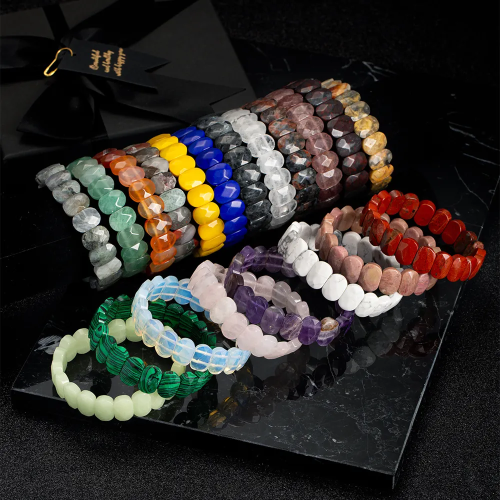 14*10mm Natural Gemstone Oval Faceted Beaded Bracelet Bangle Crystal Quartz Double Drill Stretch Bracelet Gifts for Men Women