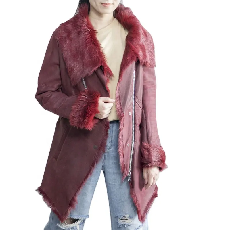 Chaqueta de cuero rojo para mujer, abrigo largo y cálido de piel con cuello grueso, venta al por mayor