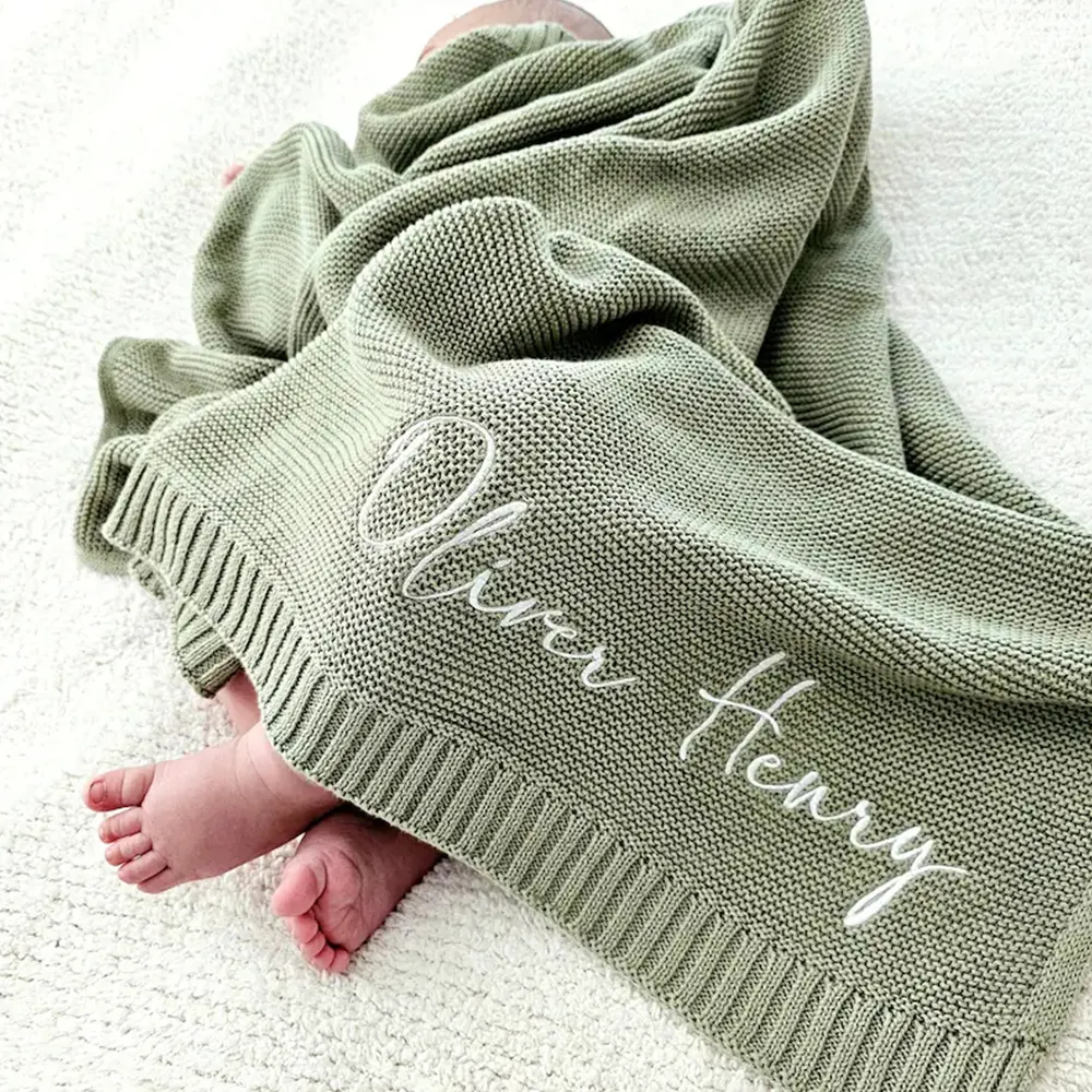 Manta de bebé de punto bordada para recién nacidos, envoltura de bebé de lujo supersuave personalizada