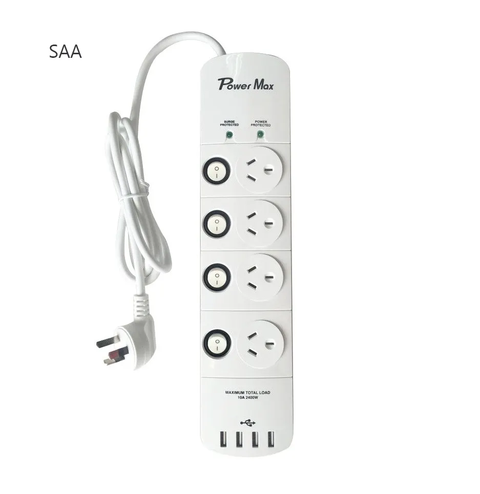 SAA-Placa de extensión eléctrica de 4 salidas, Protector contra sobretensiones con USB, tiras de alimentación australiano SAA, 4, 6 y 8 vías