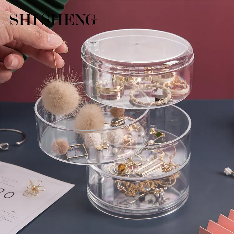 SHI SHENG pas cher en plastique transparent rond cristal multi tiroirs rotatif cosmétiques bijoux boîte de rangement pour la maison