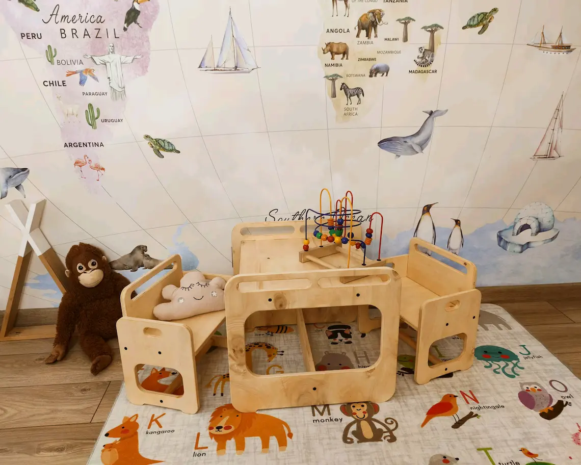 Conjunto ergonômico para atividades de madeira, mesa de madeira para bebês, crianças, meninas, estudo, mesa