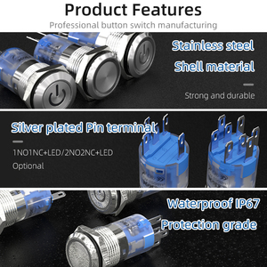 UL Waterproof Power Pushbutton in metallo 16mm 19mm anello illuminato momentaneo blocco industriale blu Led interruttore a pulsante 12v