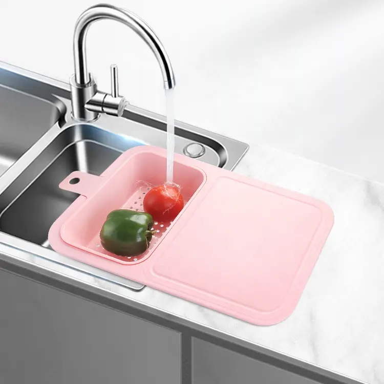 Évier de cuisine planche à découper amovible blocs à découper rose vidange panier à laver étagère planche à découper en plastique