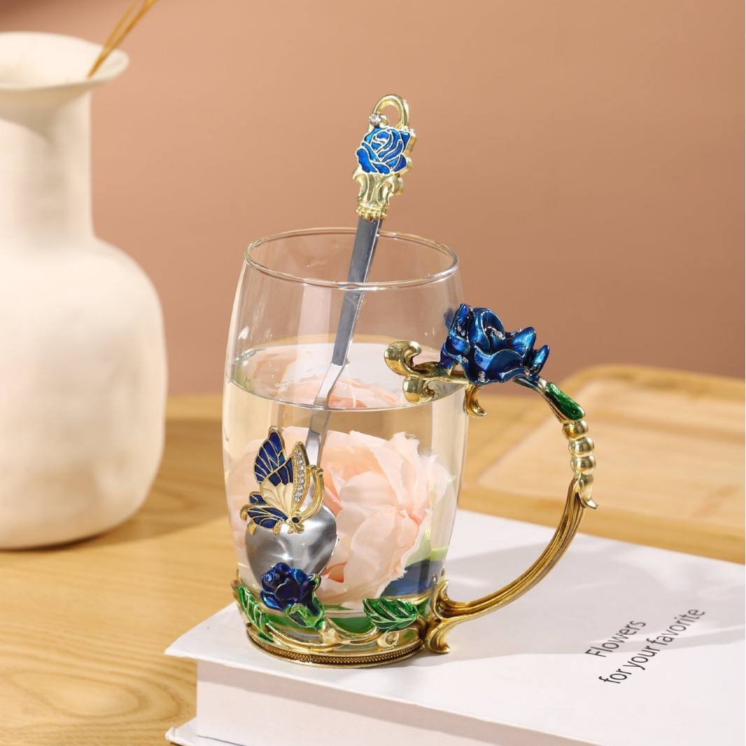 Taza alta Blue Rose con cuchara (embalaje de espuma)