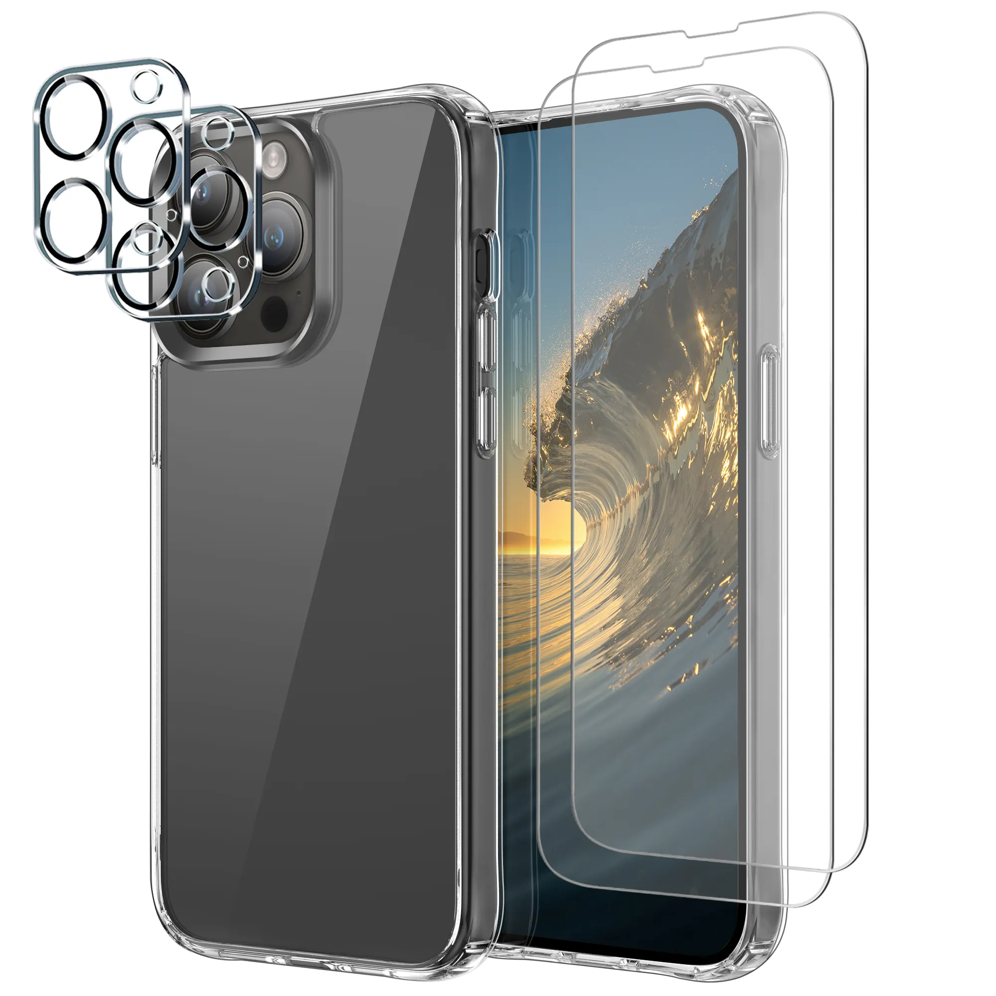 Yeni 5 1 ürün için iphone 15 pro max şeffaf akrilik telefon kılıfı 2 paket temperli cam ve 2 paket kamera Lens ile koruyucu