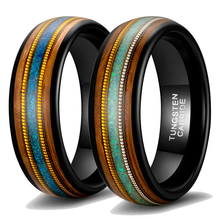 Retro Bohemian Creative Tungsten Steel Colorful Solid Wood Double Guitar String Rings For Couple