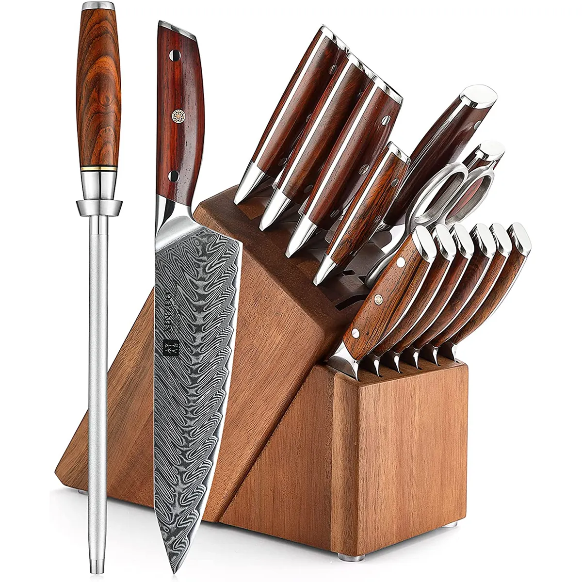 XINZUO pisau koki dapur, XINZUO 15 buah kualitas tinggi 10Cr Damaskus baja tajam dengan pengasah pisau berbeda gunting