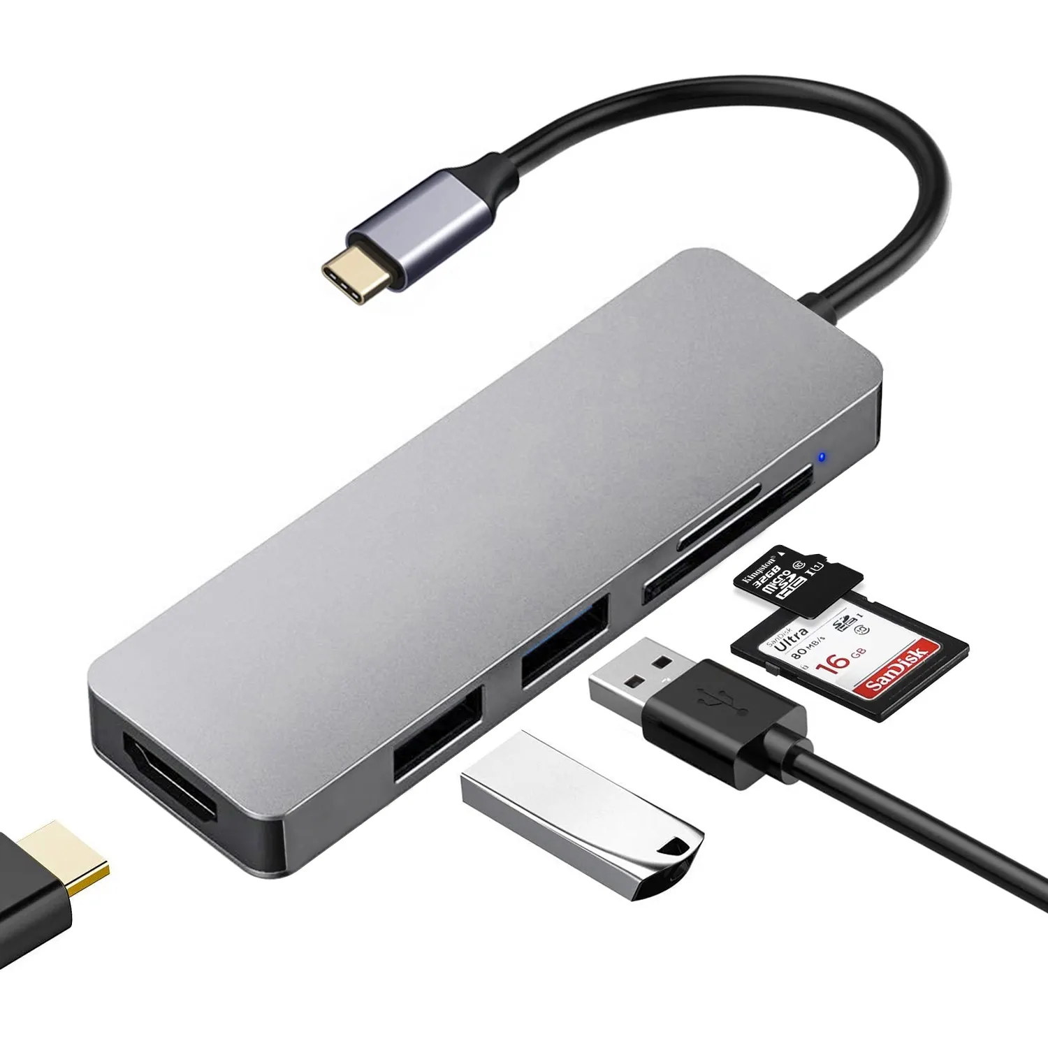Concentrador de puerto USB 3,0 velocidad 5 en 1 concentrador USB C con lector de tarjetas TF/ SD, carga de la policía, de la red de carga