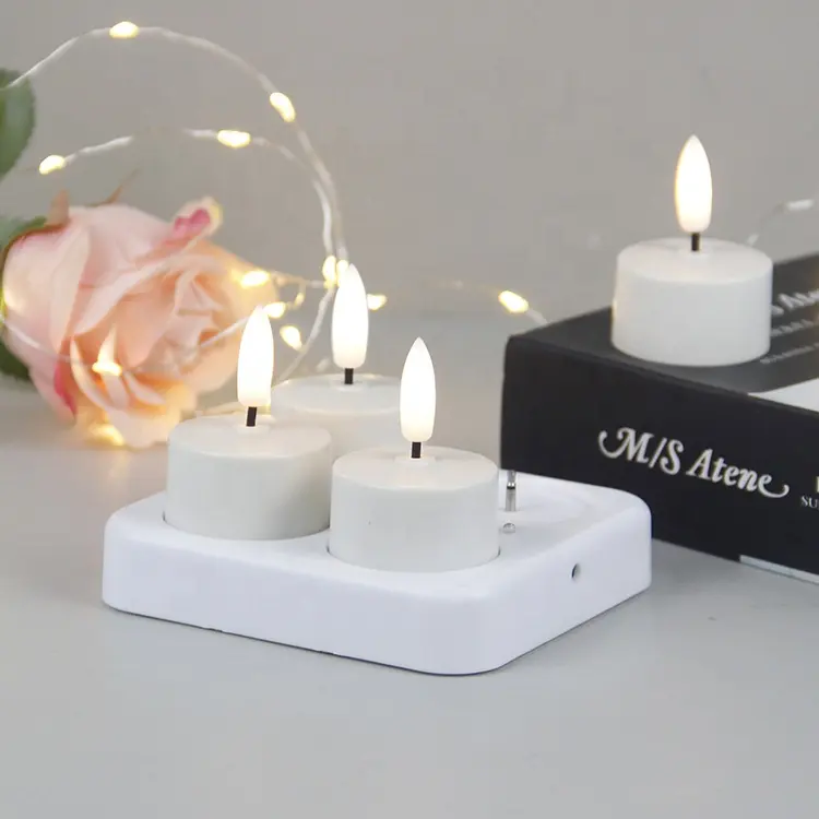 Juego de 4 velas de llama real 3D parpadeantes, luces de té sin llama, luz de vela LED recargable por USB con base de carga