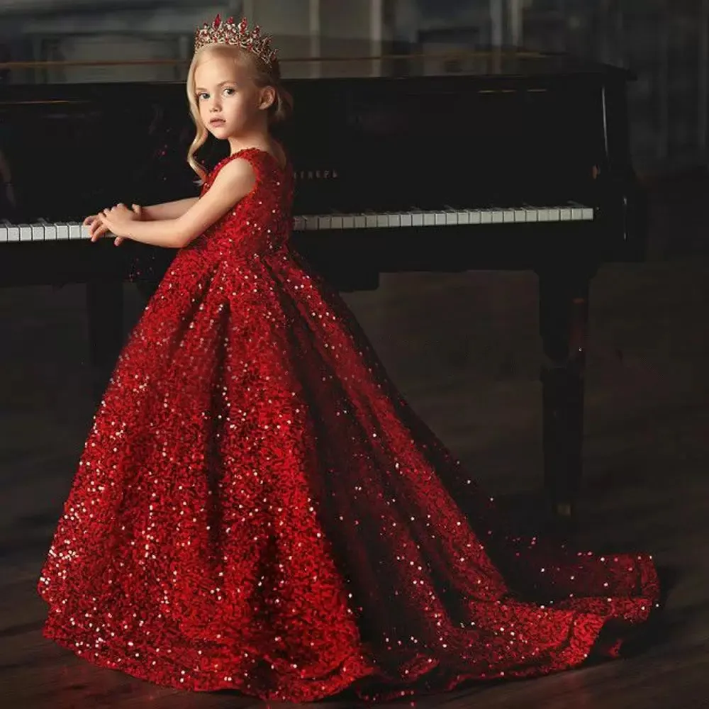 Vestido de fiesta de graduación para niña, flores con traje rojo de cuello en V, sin mangas, película brillante, largo, para cumpleaños y graduación