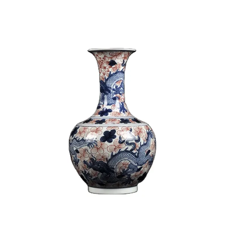 Antiguo Jingdezhen pintado a mano azul y blanco Underglaze rojo Loong patrón jarrones de cerámica
