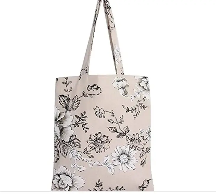 Bolso de compras ecológico reciclado personalizado con patrón de flores para mujer, bolso de mano de lona de algodón