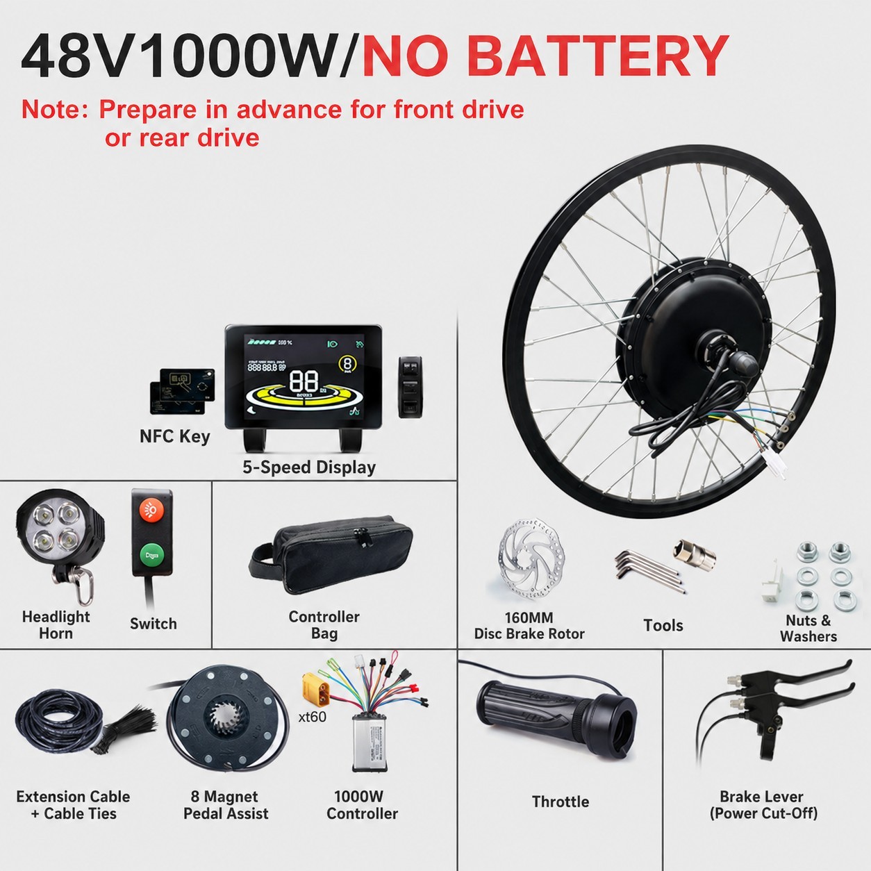 1000W Motor + Controller Wiring (Battery Not Included)
