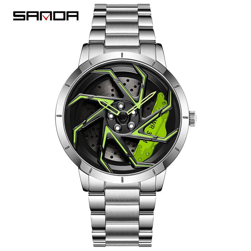 SANDA P1088 Hot Sale Sólido Cinto de Aço Rotating Car Wheel Dial Modelos Men's Premium Quartz Watch Moda Casual Men's Watch
