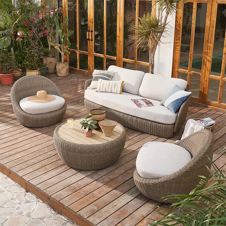 Продажа от производителя, плетеная уличная мебель из 4 предметов, водонепроницаемый садовый диван из ротанга с журнальным столиком